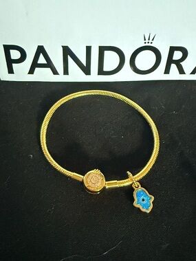 Pandora Gold Bracelet with Blue Hamsa Charm